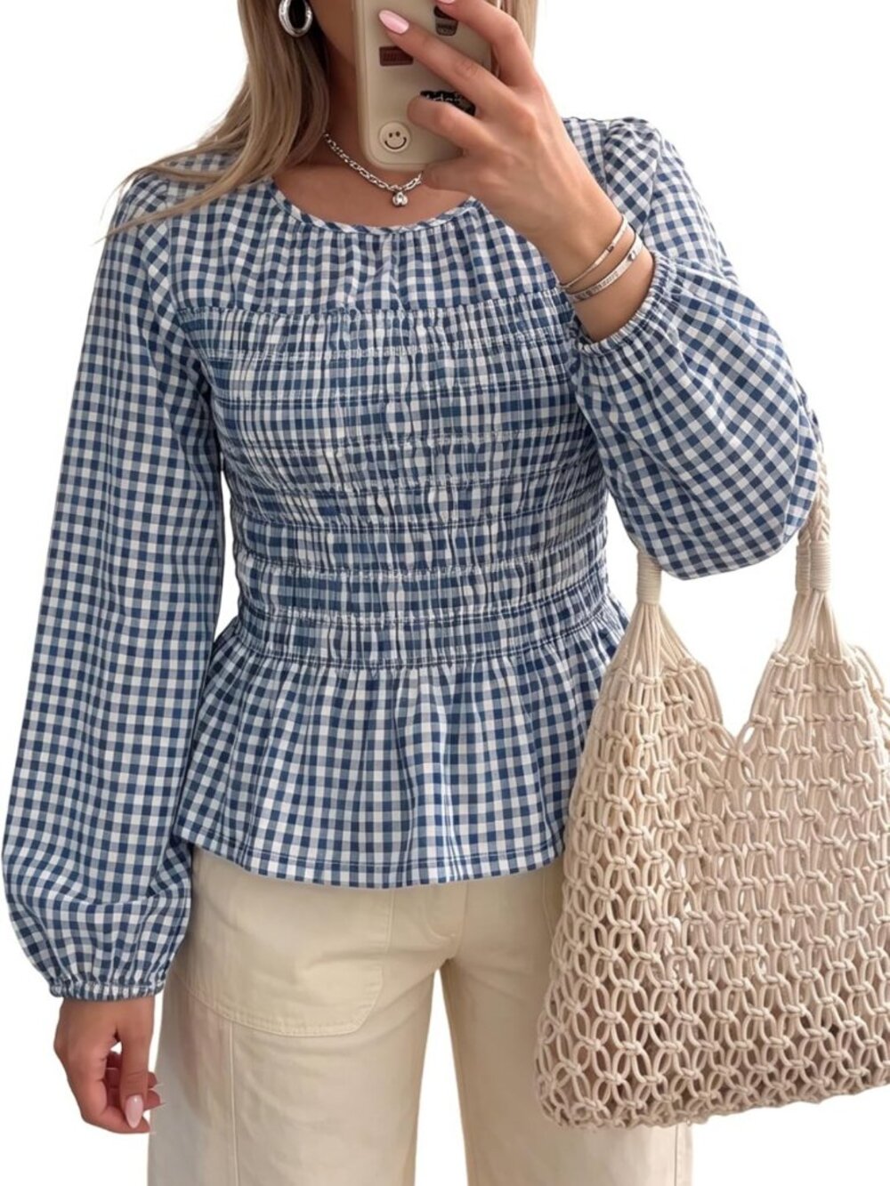 Gingham Smocked Peplum Top | Long Sleeve Crewneck Blouse for Women